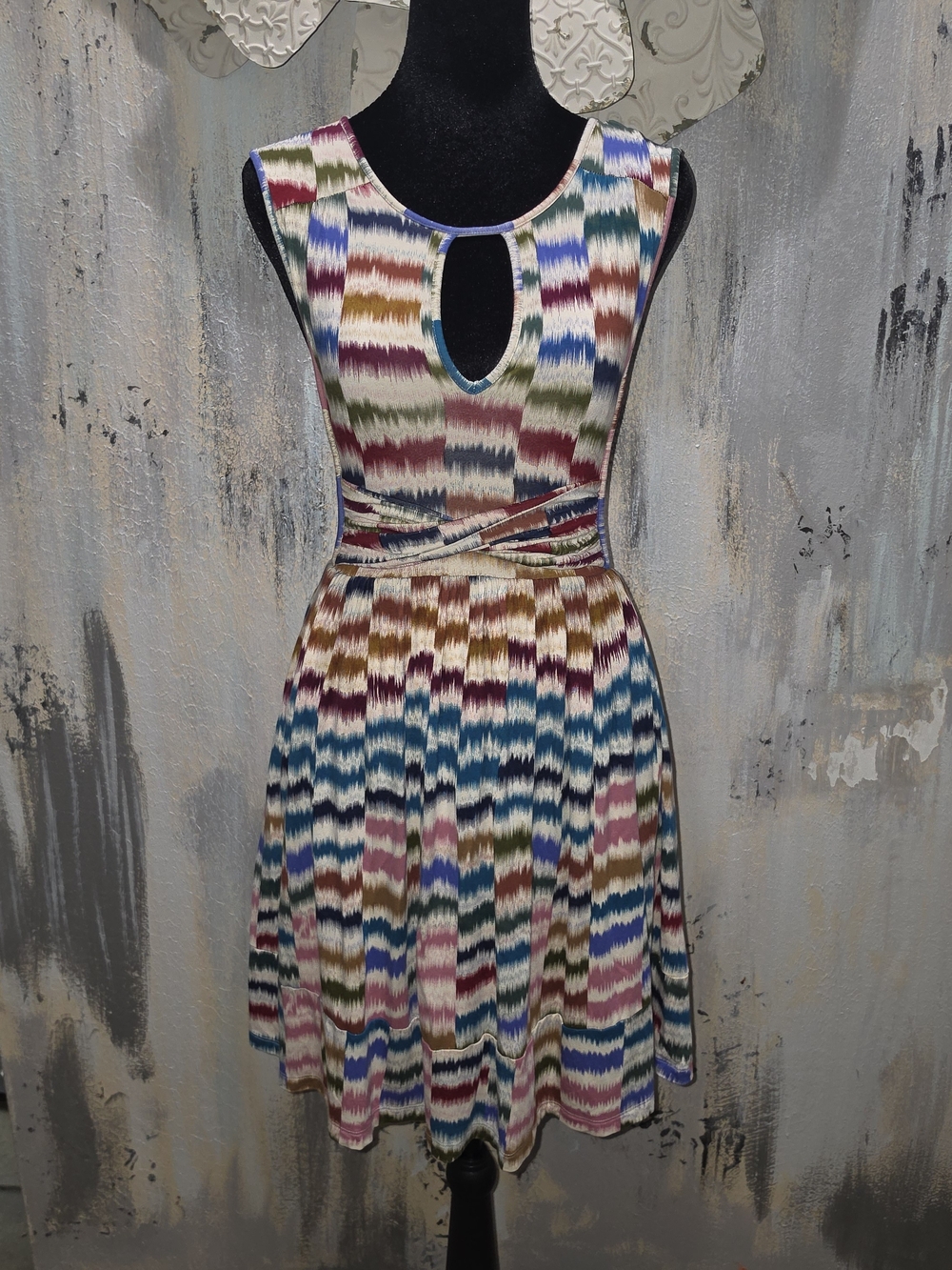 Maeve Multicolor Ikat Keyhole Fit & Flare Dress — Blue, Green, Pink, Brown